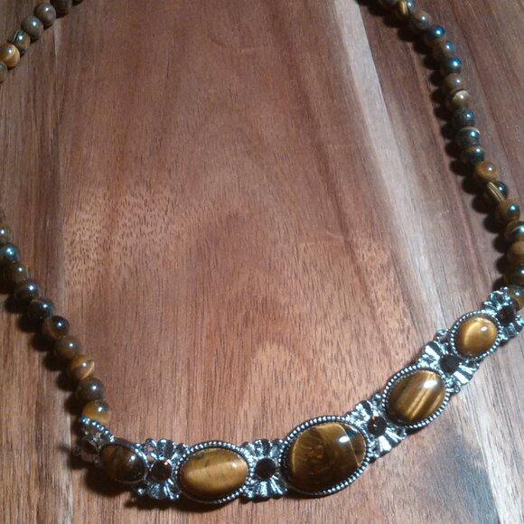 Tiger's eye and Brown Glass Beaded Necklace - Picture 1 of 8